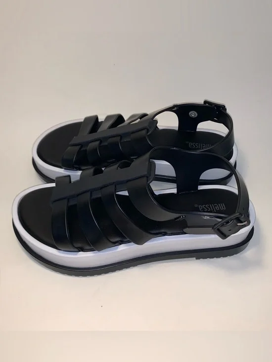 NWOT Melissa Flox Flatform Black & White Strappy Platform Sandals Jelly Sz 6