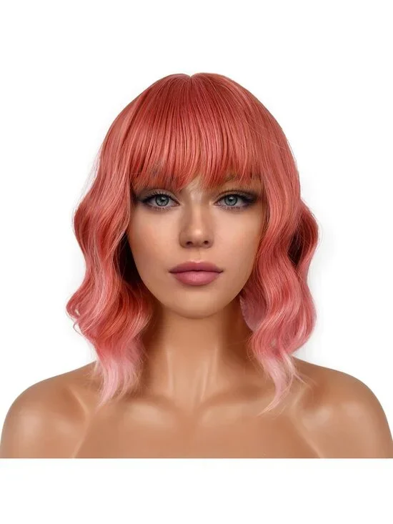 Women's Dark Purple Shoulder Length Synthetic Loose Wavy Short Bob Wigs Bangs
