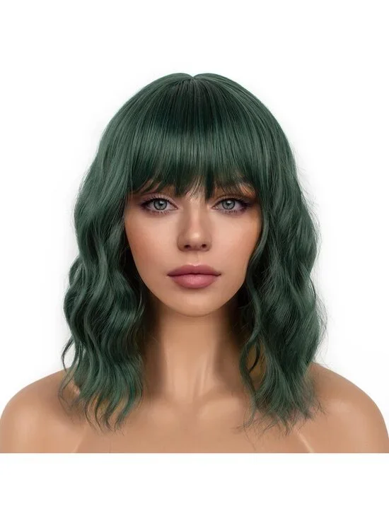 Women's Dark Green Shoulder Length Synthetic Loose Wavy Short Bob Wigs Bangs
