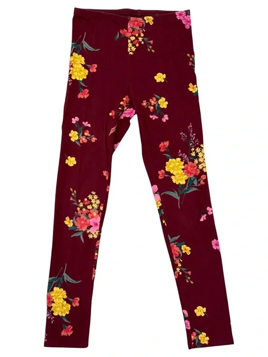 Old Navy Girls 14 Leggings Burgundy Floral Print Stretch Elastic Waist