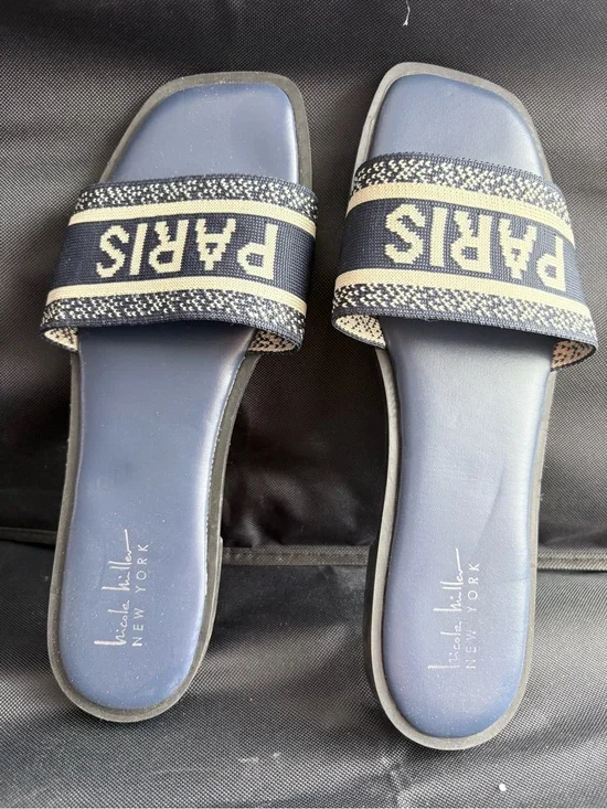 Nicole Miller Navy Slide Sandals with PARIS Strap