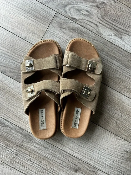 Steve Madden Taupe/Brown Double-Buckle Slide Sandals