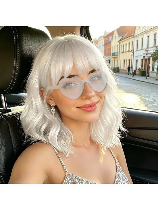 Women's White Curly Bob Synthetic Wigs Bangs With Neon Heart Sunglasses