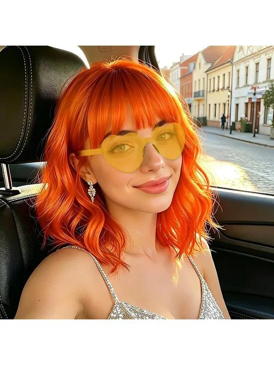 Women's Pink Curly Bob Synthetic Wigs Bangs With Neon Heart Sunglasses