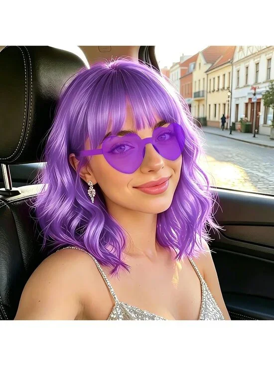 Women's Light Purple Curly Bob Synthetic Wigs Bangs With Neon Heart Sunglasses