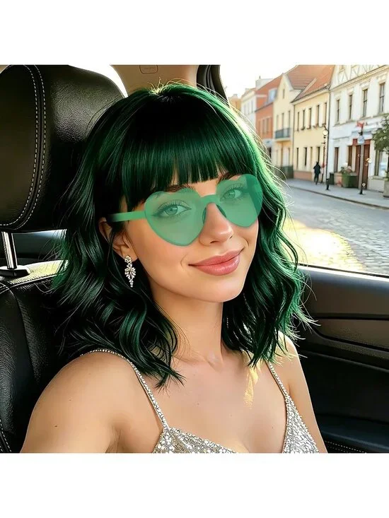 Women's Dark Green Curly Bob Synthetic Wigs Bangs With Neon Heart Sunglasses