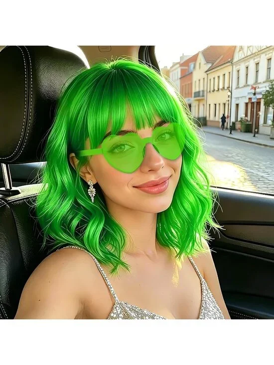 Women's Grass Green Curly Bob Synthetic Wigs Bangs With Neon Heart Sunglasses