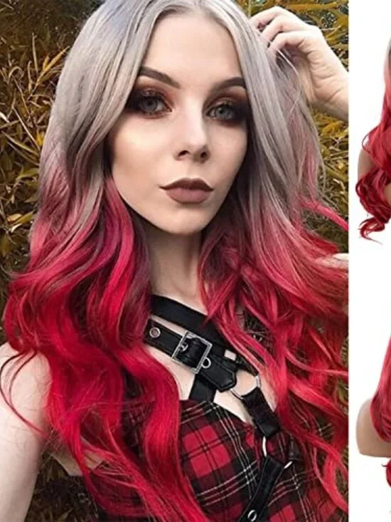 Long Curly Wavy Silver Grey to Red Wig Middle Part Natural Looking Synthetic