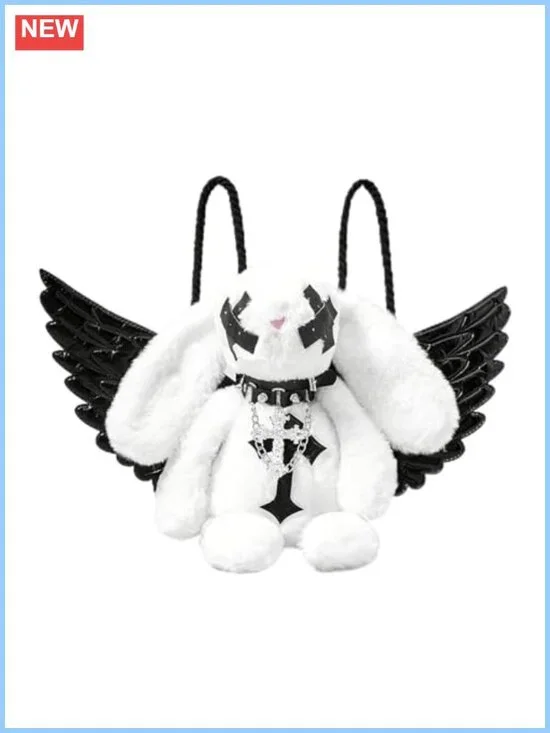 Gothic Plush Bunny Backpack Winged Y2K Punk Mini Bag Cross Charm
