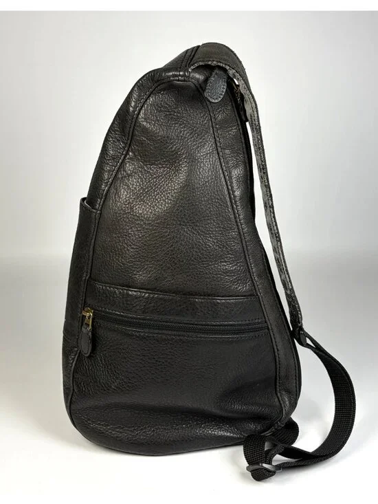 LL Bean Ameribag Black Leather Healthy Back Sling Backpack Crossbody Travel VTG