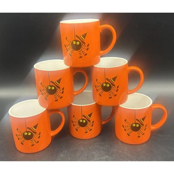 Crate & Barrel Orange Black Spider Ceramic Halloween Mugs 6oz Set‎ Of 6