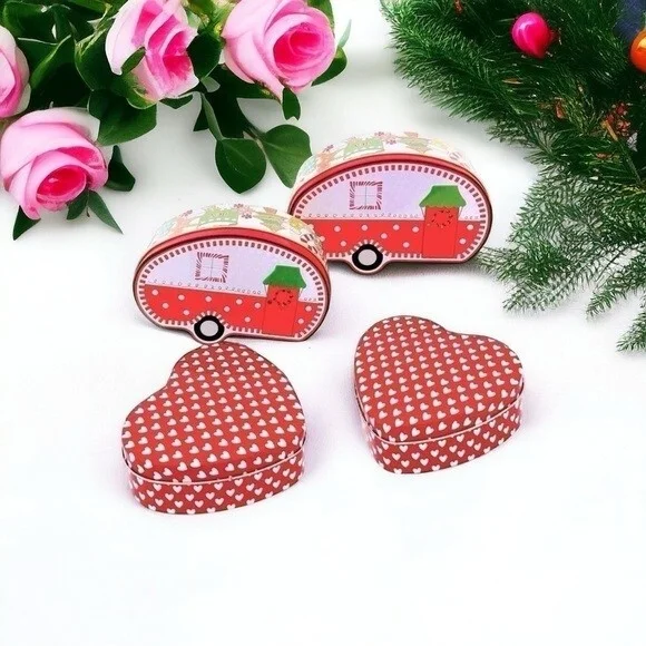 Lot 4 Metal Tins NEW Gift Storage Valentine's Day Christmas Heart Shaped Boxes