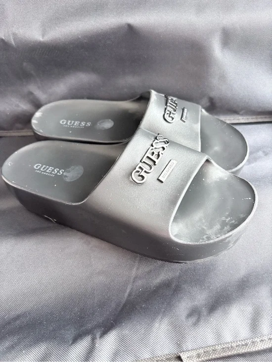 GUESS Black Platform Slide Sandals with Logo Strap