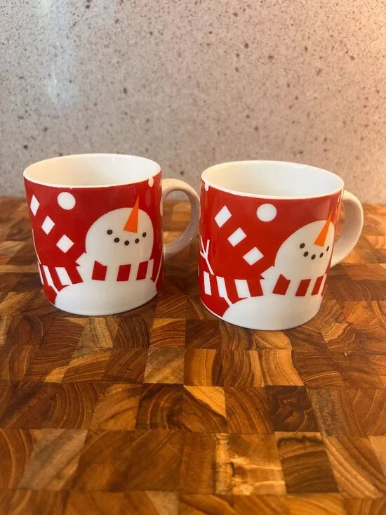 Crate & Barrel Set of 2 Holiday Snowman Carrot Nose Red White 3” Kids Mini Mugs