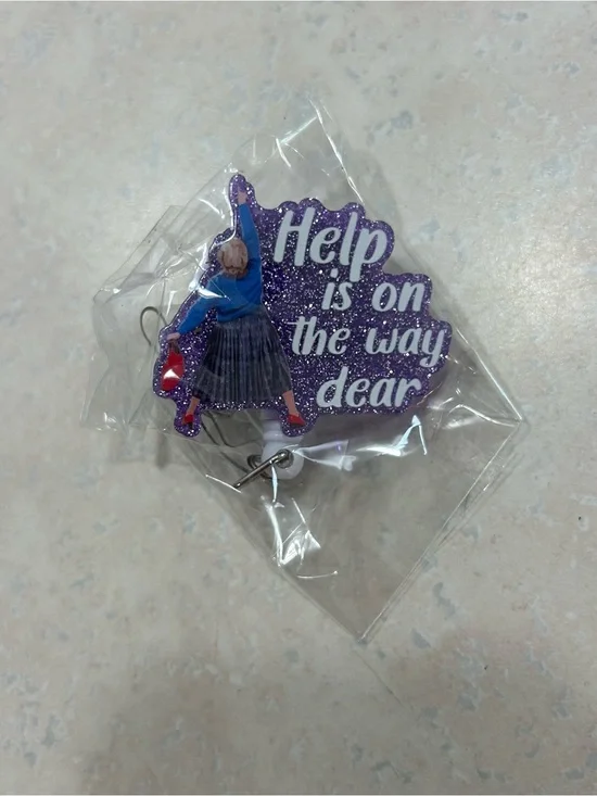 Purple Glitter 'Help Is On The Way Dear' Decorative Badge Reel