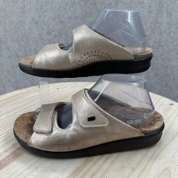 SAS Cozy Slide Sandals Womens 10 Gold Metallic Leather Adjustable Straps