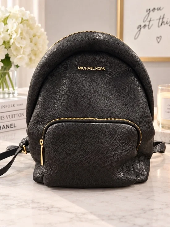 Michael Kors Black Pebbled Leather Mini Backpack with Gold Hardware