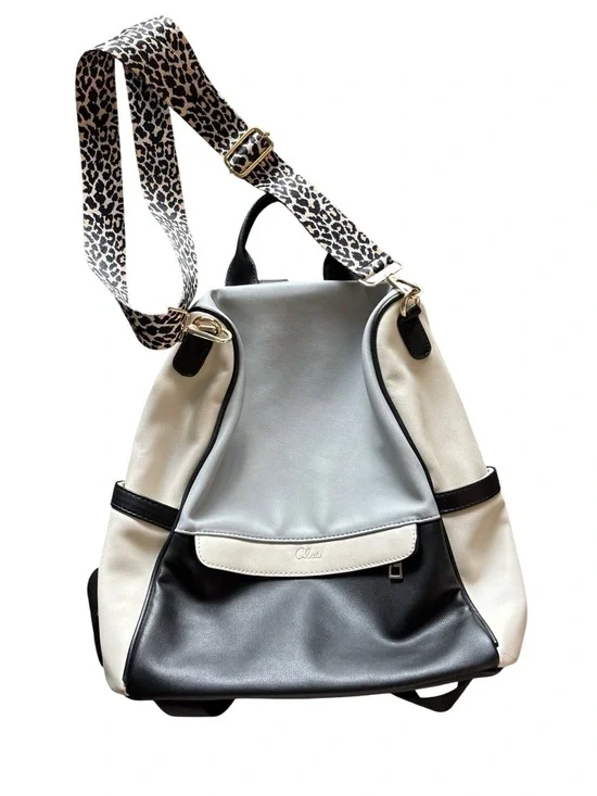 Tri-Tone Navy, White & Gray Leather Backpack with Leopard Strap