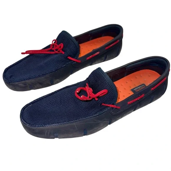 Swims Braided Lace Loafer Mens 11.5 Navy Blue‎ Red Rubber Mesh Boat Shoes