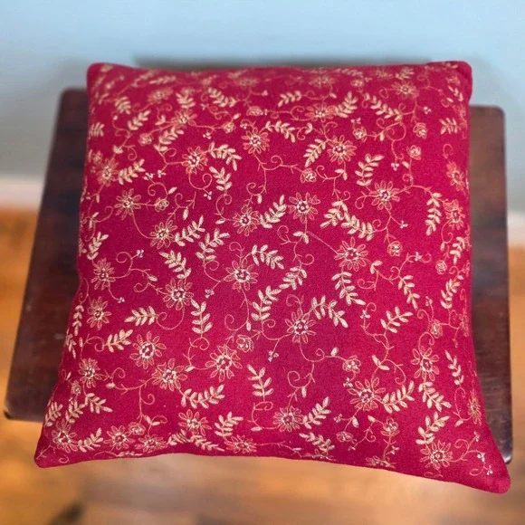 Crate & Barrel Avalon Gold Embroidered Pillow Red Wool 16x16 Zip Feather Insert