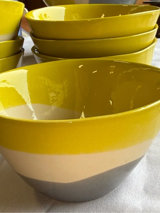 7 Crate&Barrel Yellow, Cream and Gray Layered Myro Ceramic Bowls