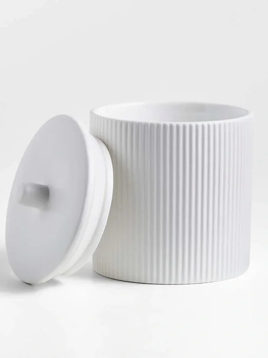 New! Crate&Barrel White Ribbed Ceramic Canister with Lid size Small
