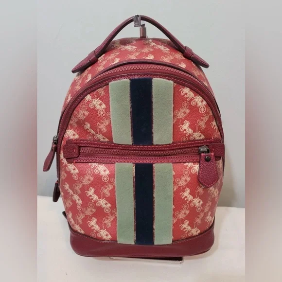 Coach New Year Barrow Varsity Stripe Backpack Red Coated Canvas Leather Trim