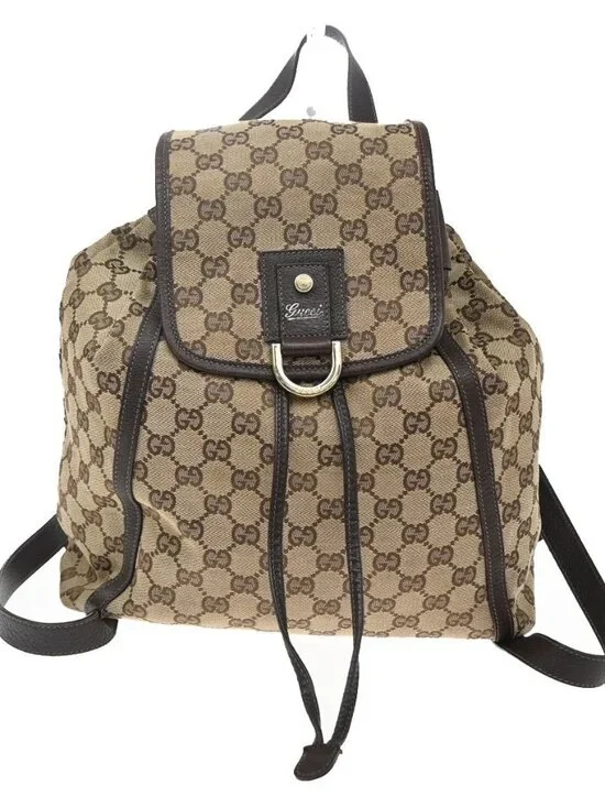 GUCCI Logo GG Pattern Backpack Bag Canvas Leather Brown GHW Italy 77YJ322