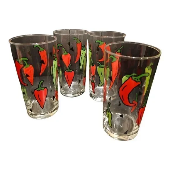 4 - CRATE & BARREL‎ Red and Green Chili Pepper Drinking Glasses 6” Vintage