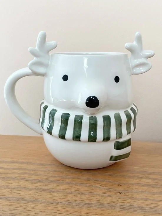 Crate & Barrel Snowy Reindeer Mug Christmas Green Scarf Holiday Coffee Cup