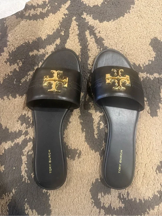 Tory Burch Black Leather Slide Sandals with Gold Logo