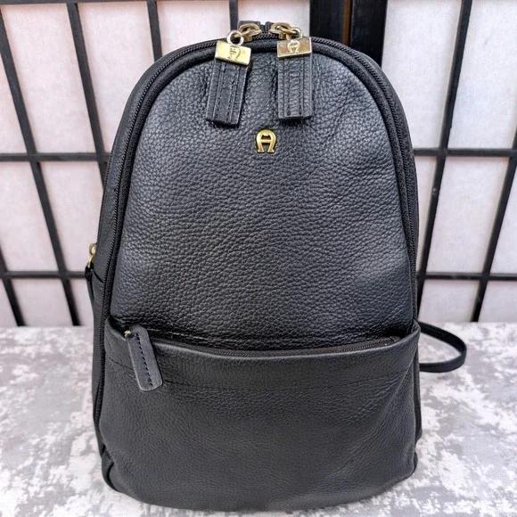 Etienne Aigner Vintage Black Pebbled Leather‎ Small Backpack Gold Hardware Bag