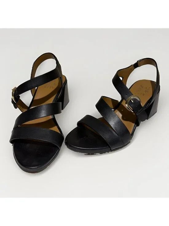Naturalizer Veva Leather Sandals Size 6 Black Chunky Block Heel Strappy EUC