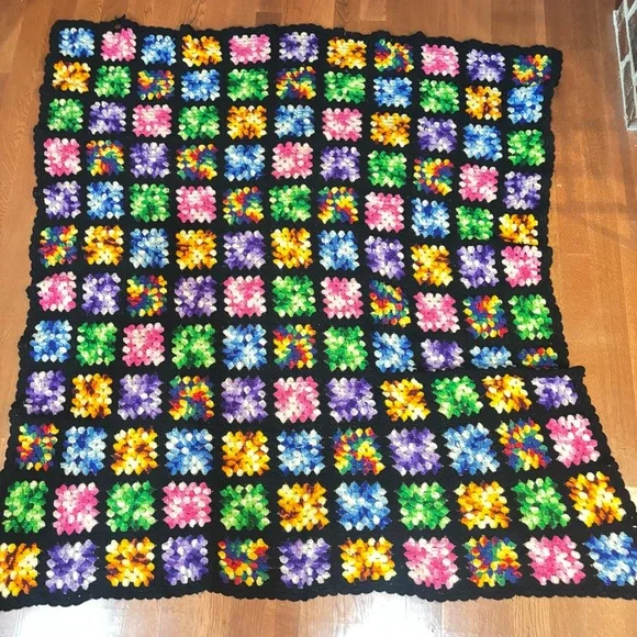 Vintage Granny Square Crochet Afghan Throw Blanket, handmade, large 60x64
