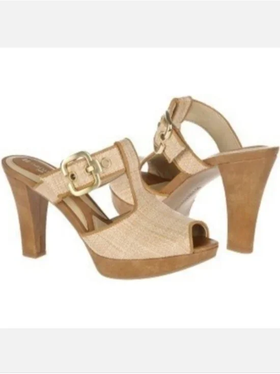 Naturalizer Kole Sandals Tan Woven Buckle Peep Toe Heels N5 Comfort Womens 7