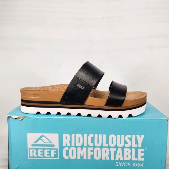Reef Cushion Vista Hi Sandals Women Size 9 Black Platform Slide Strappy