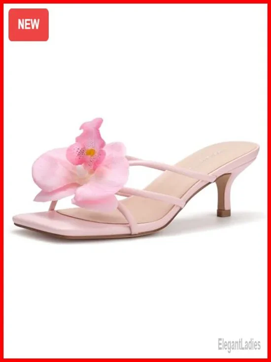 Kitten Heel Strappy Floral Slide Sandals Square Open Toe Slip On