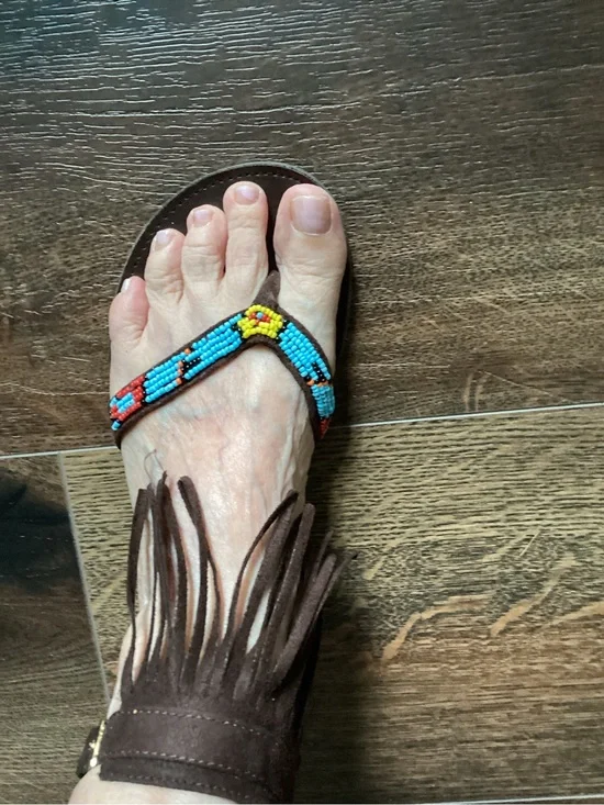 Qupid Brown Fringe Beaded T-Strap Sandals with Turquoise & Yellow Accents