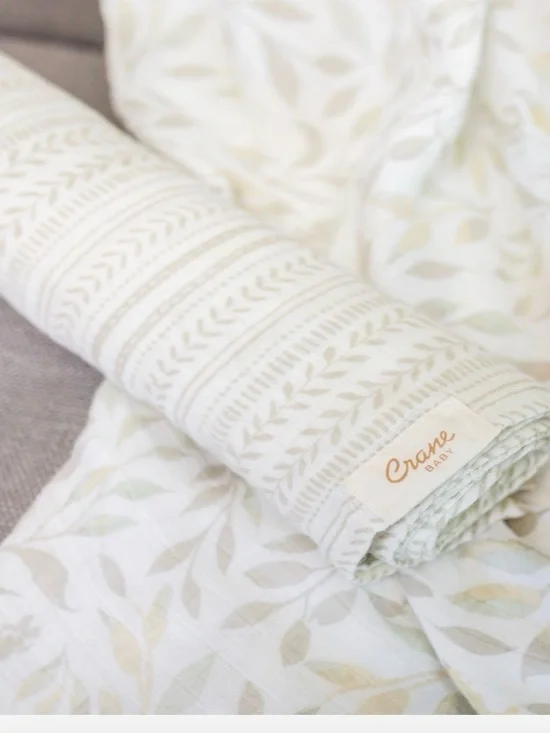 Crane Baby Crib Blanket Reversible White Gray Green Floral Leaf Pattern set of 2