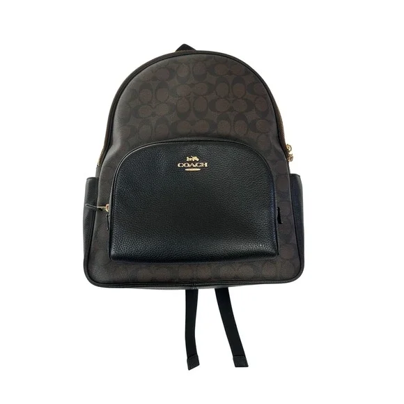 Coach Court Backpack‎ Signature Canvas Black Brown Leather E2221-5695