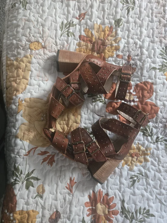 Freebird by Steven TANICA Cognac Brown Studded Strappy Block Heel Sandals