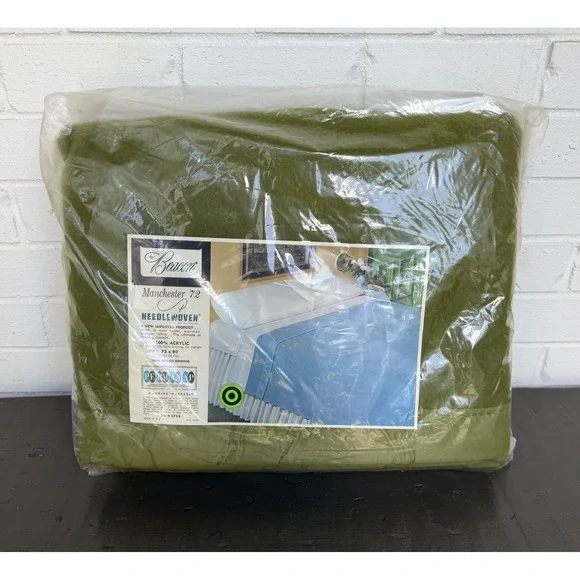 Vtg BEACON Manchester Green Blanket Acrylic Satin Trim Band Full‎ / Twin 72
