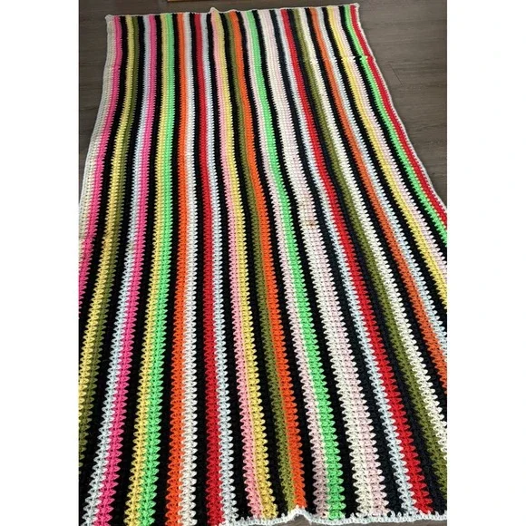80s Vintage Rainbow Stripe Handmade Crochet Knit Afghan Throw Blanket XL 100x50