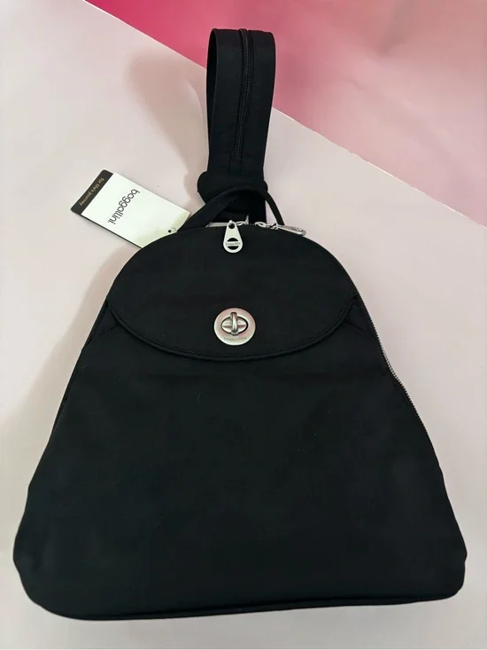 Baggallini Black Sling Cairo Backpack with Turn-Lock Detail-