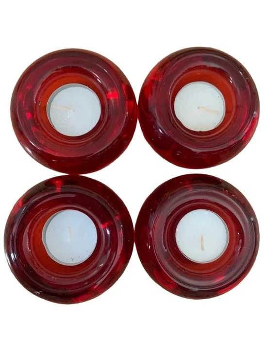 (4) CRATE & BARREL Red Tea Light Candle Heavy Weight Votives