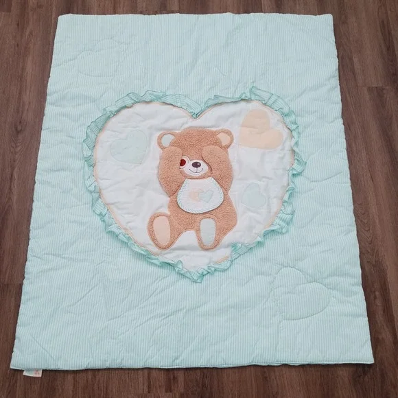 Vintage Judis Peek-A-Bear Baby Blanket Mint Green White Pinstripe Heart Quilted