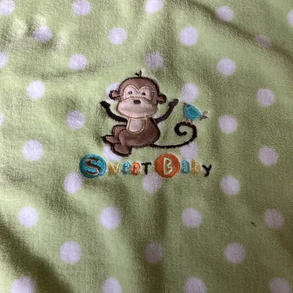 Garanimals Green White Polka Dot Sweet BABY Monkey Fleece Baby Blanket