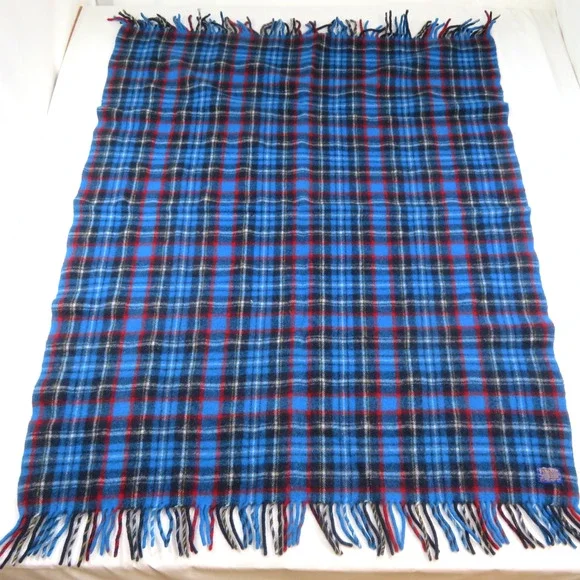 Pendleton Wool Robe Blanket Throw Plaid Blue Red 46X56 + fringe Vintage