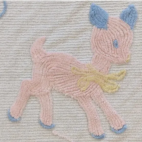Vintage 1950s Tufted Chenille Pink & Blue Cute Baby Deer Fawn Crib Blanket Flaws
