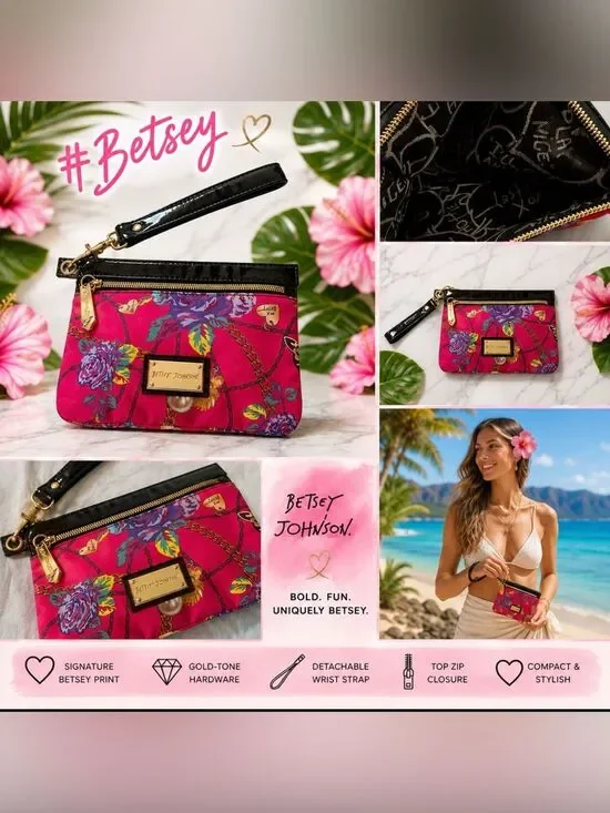 *Betsey Johnson* Pink & Black Pink Floral Wristlet